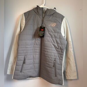 New Balance Gray Quilted Puffer Jacket with Cream Sleeves